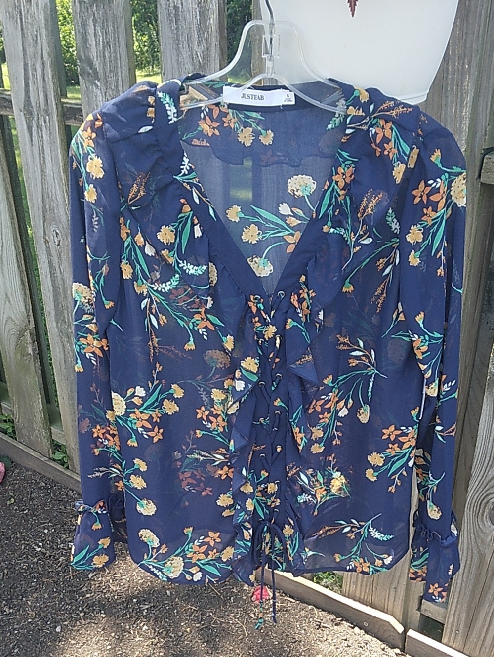 JustFab Navy Floral Ruffle Tie-Front Blouse